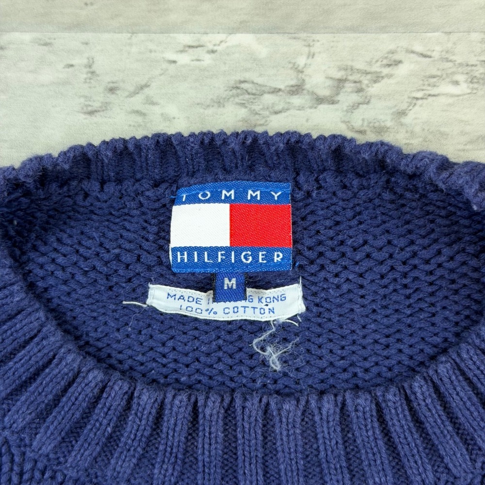 Vintage Tommy Hilfiger Navigator Nautical Navy Blue Cotton Knit Sweater Mens M - Picture 3 of 5